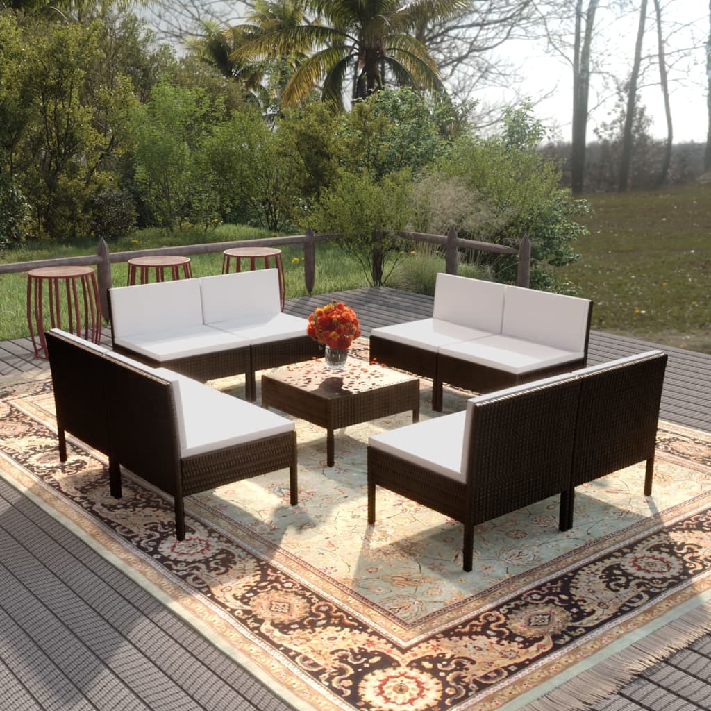 Vetonek Set de muebles de jardín 9 pzas cojines ratán sintético negro