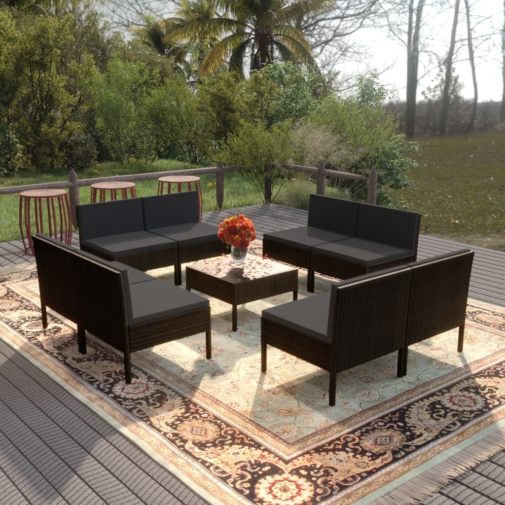 Vetonek Set de muebles de jardín 9 pzas cojines ratán sintético negro