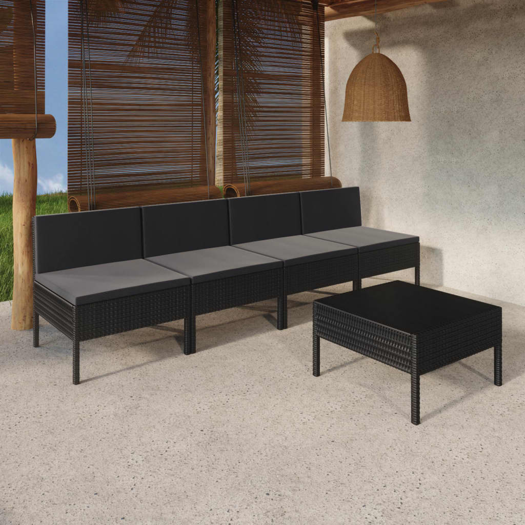 Vetonek Set de muebles de jardín 5 pzas y cojines ratán sintético negro