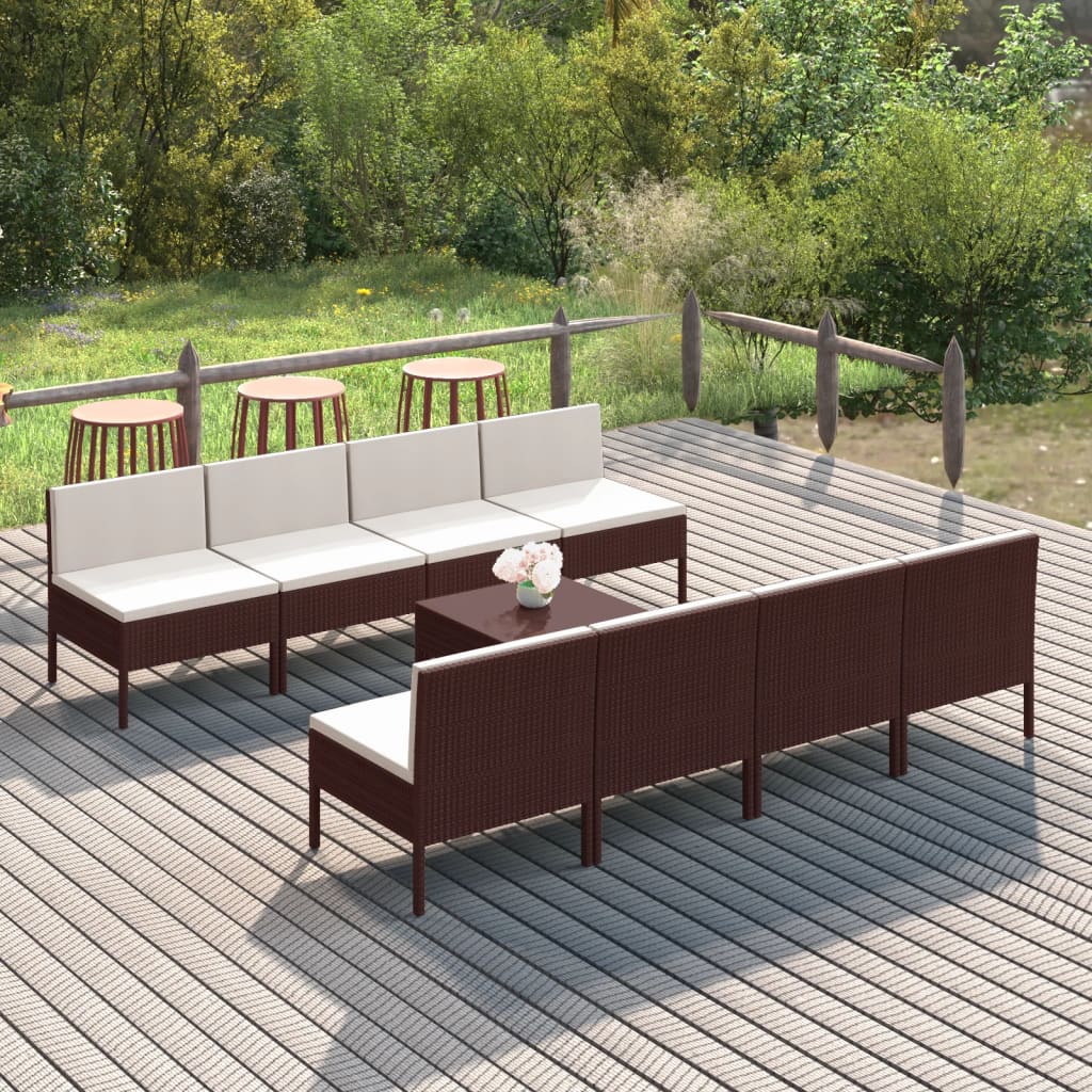 Vetonek Set muebles de jardín 9 piezas y cojines ratán sintético marrón