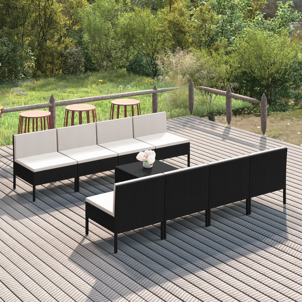 Vetonek Set de muebles de jardín 9 pzas cojines ratán sintético negro