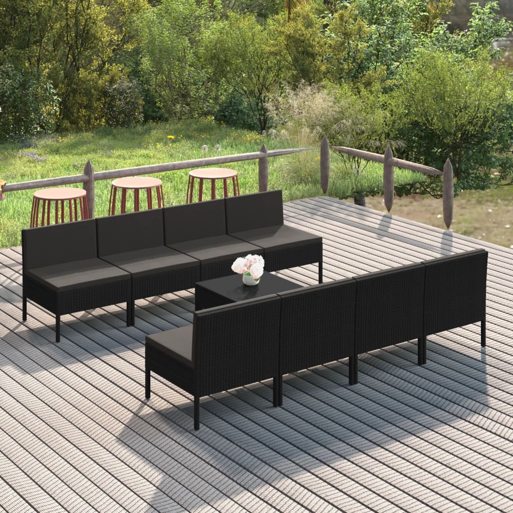 Vetonek Set de muebles de jardín 9 pzas cojines ratán sintético negro