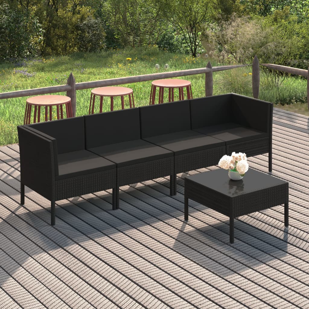 Vetonek Set de muebles de jardín 5 pzas y cojines ratán sintético negro