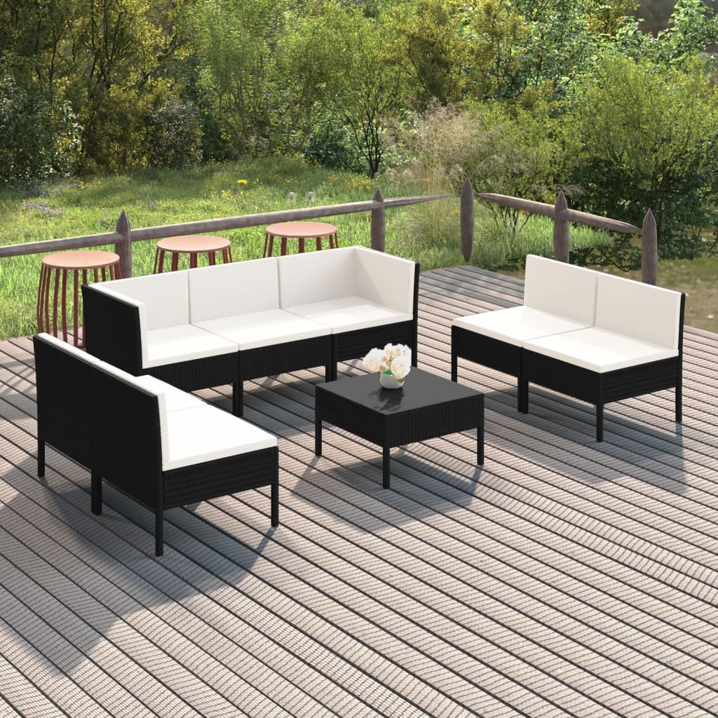 Vetonek Set de muebles de jardín 8 pzas y cojines ratán sintético negro