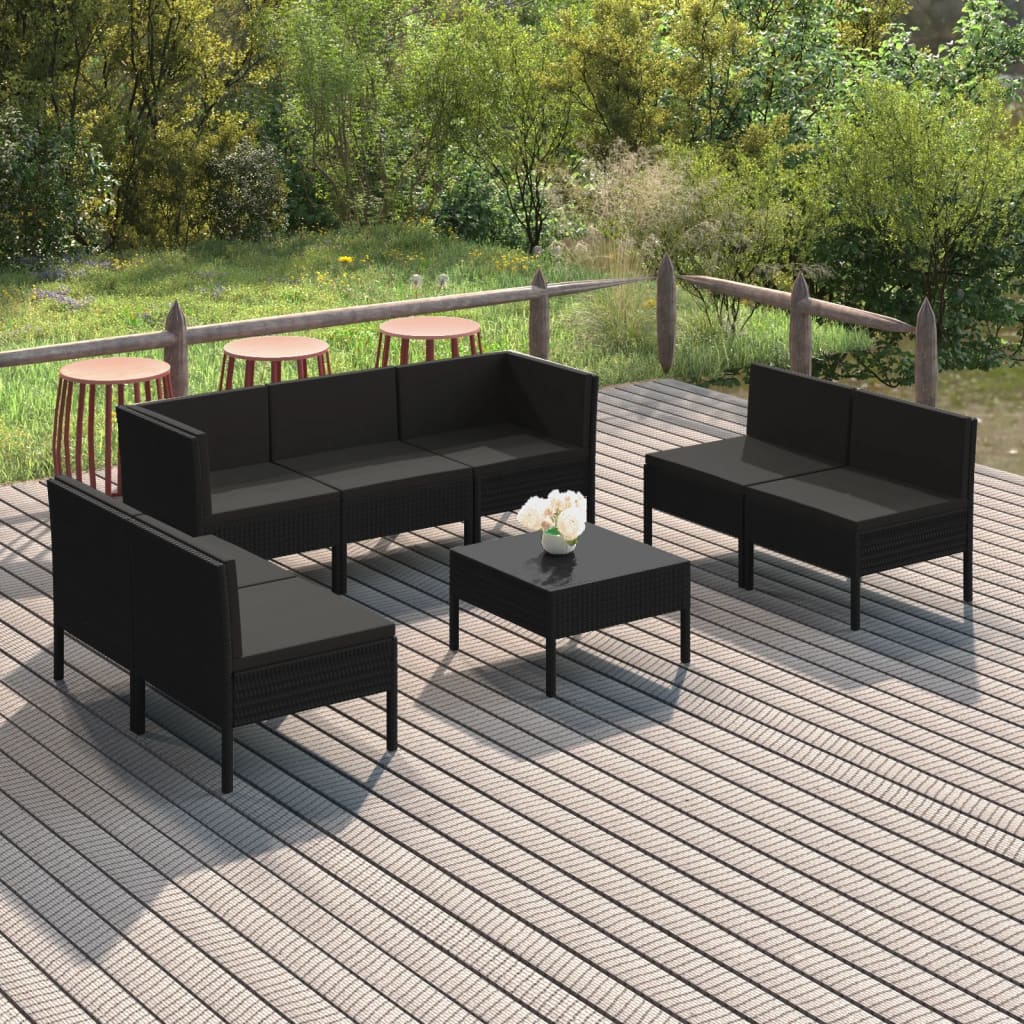 Vetonek Set de muebles de jardín 8 pzas y cojines ratán sintético negro