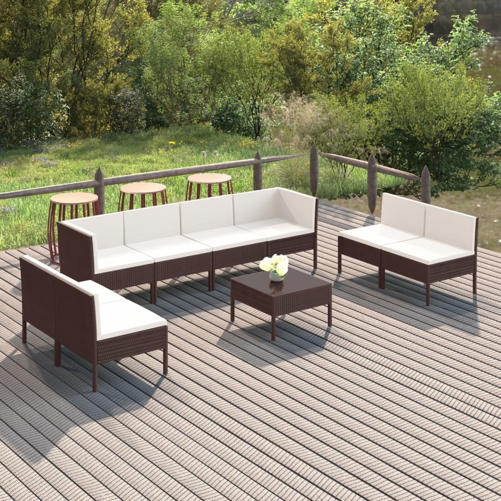 Vetonek Set muebles de jardín 9 pzas y cojines ratán sintético marrón