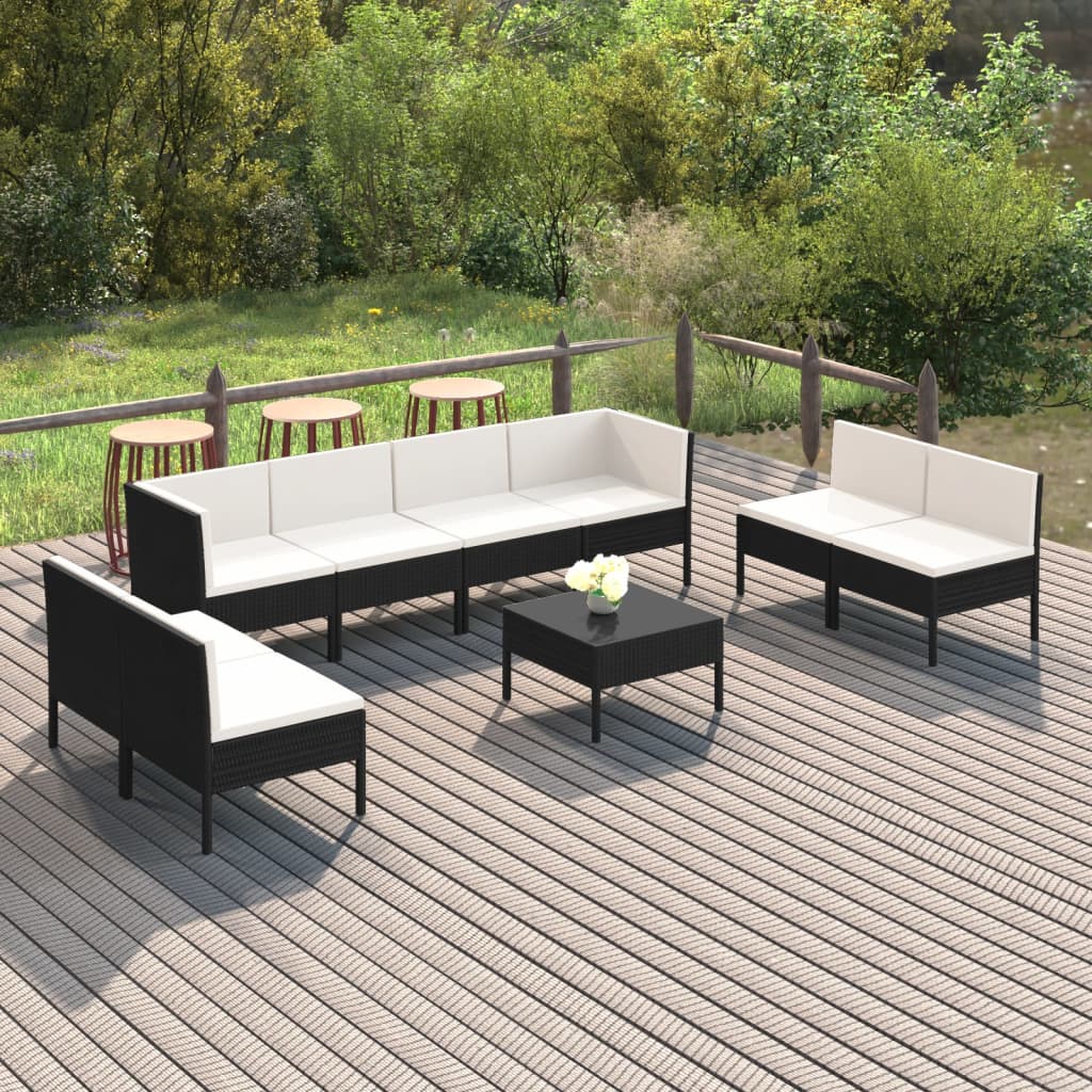 Vetonek Set muebles de jardín 9 pzas y cojines ratán sintético negro