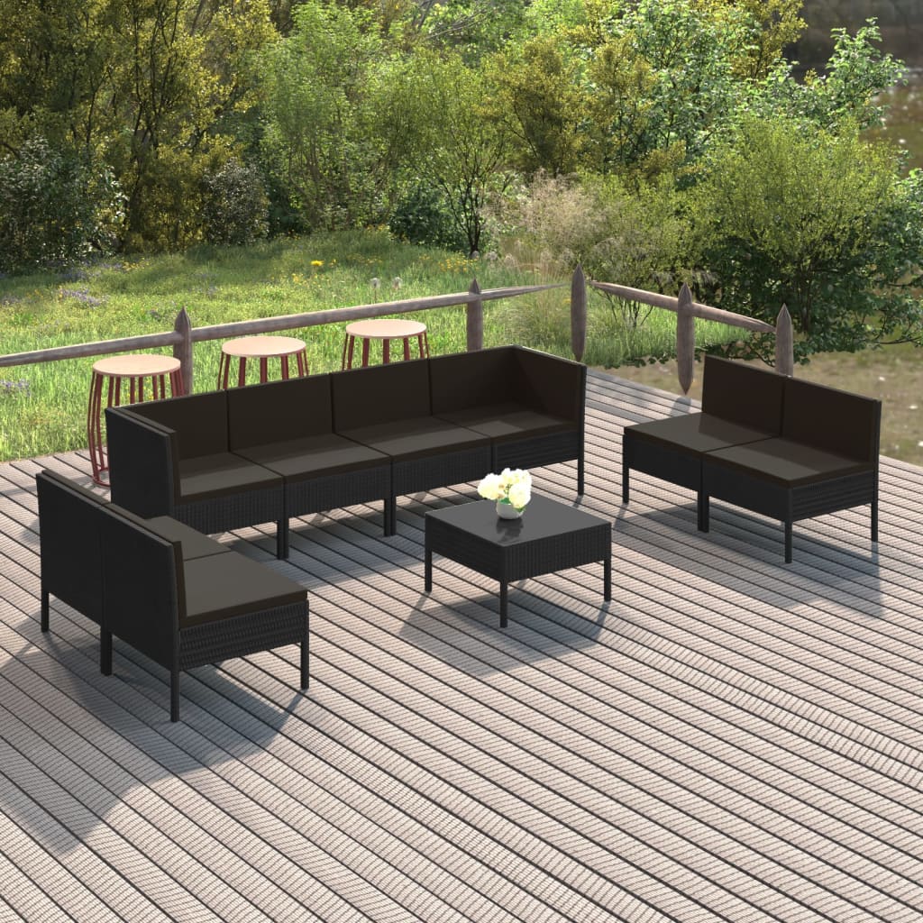 Vetonek Set muebles de jardín 9 pzas y cojines ratán sintético negro