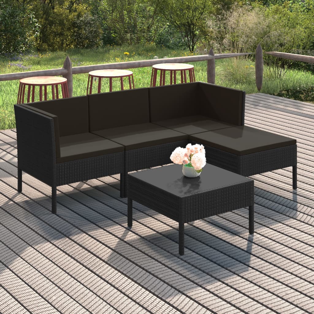 Vetonek Set de muebles de jardín 5 pzas y cojines ratán sintético negro