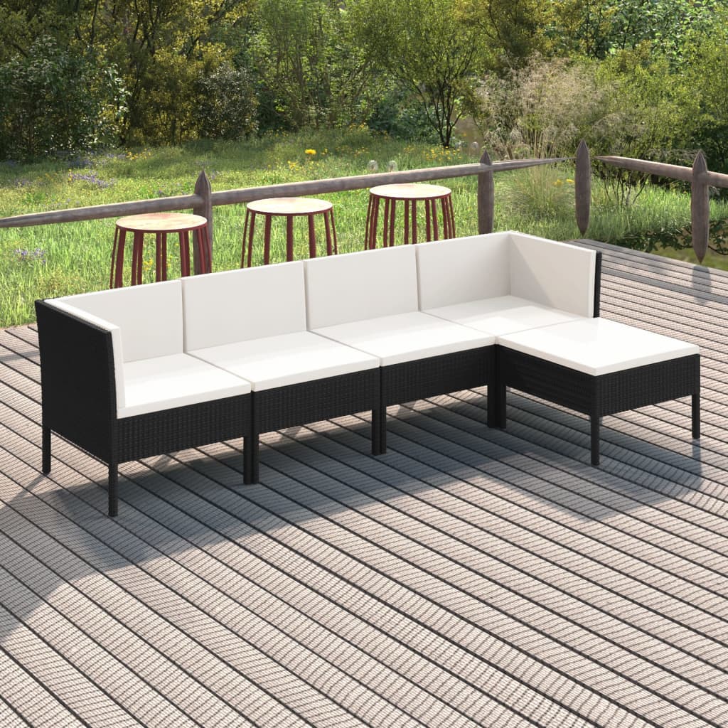 Vetonek Set de muebles de jardín 5 pzas y cojines ratán sintético negro