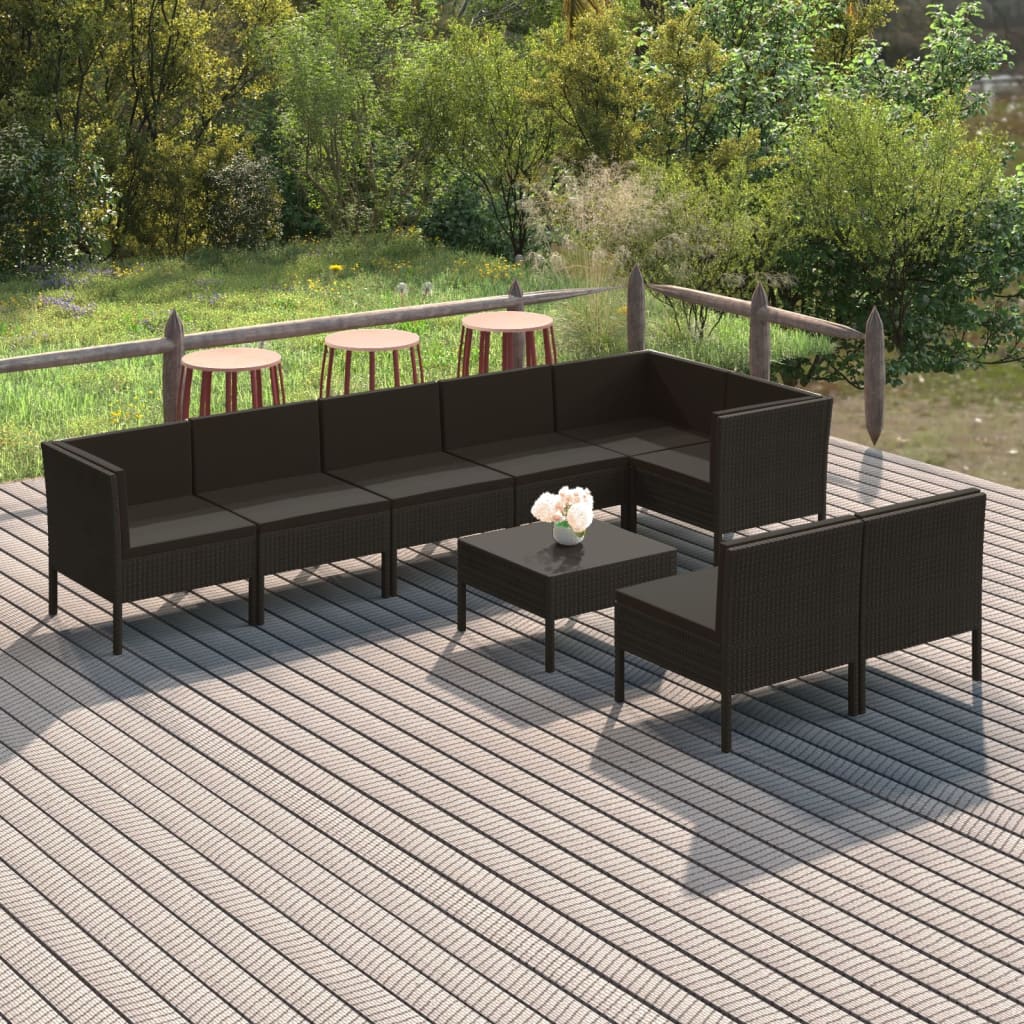 Vetonek Set de muebles de jardín 9 pzas y cojines ratán sintético negro