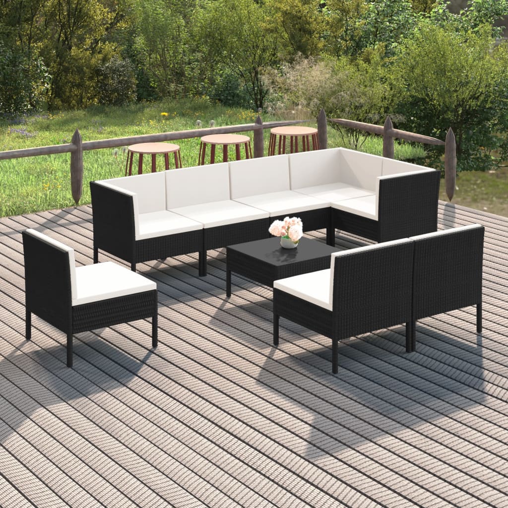 Vetonek Set de muebles de jardín 9 pzas y cojines ratán sintético negro