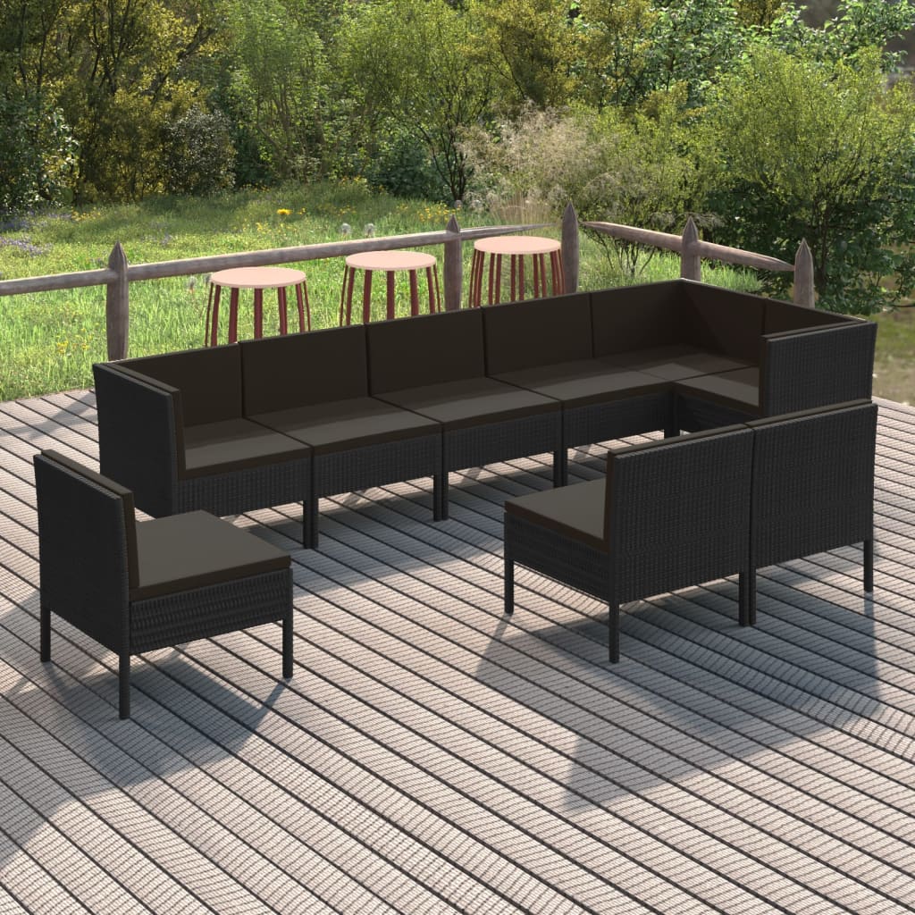 Vetonek Set de muebles de jardín 9 pzas cojines ratán sintético negro