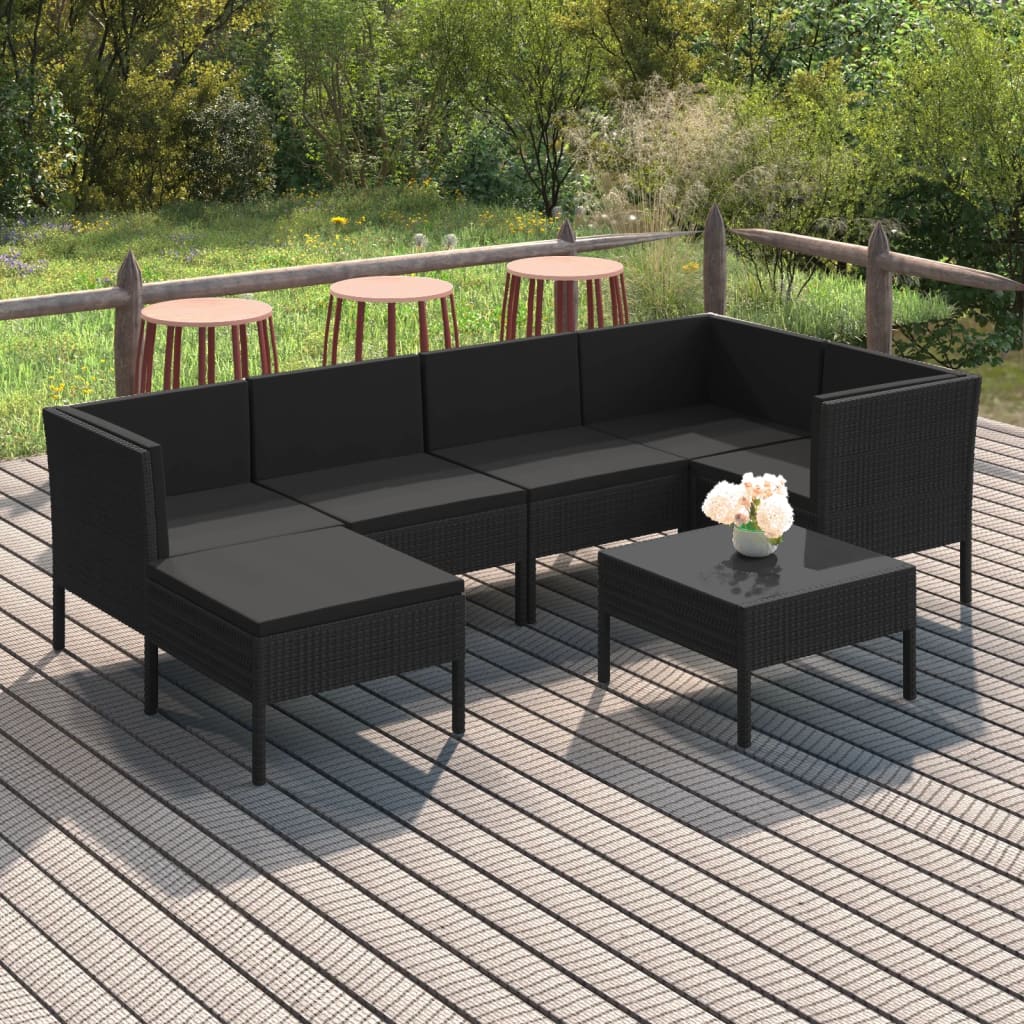 Vetonek Set de muebles de jardín 7 pzas y cojines ratán sintético negro