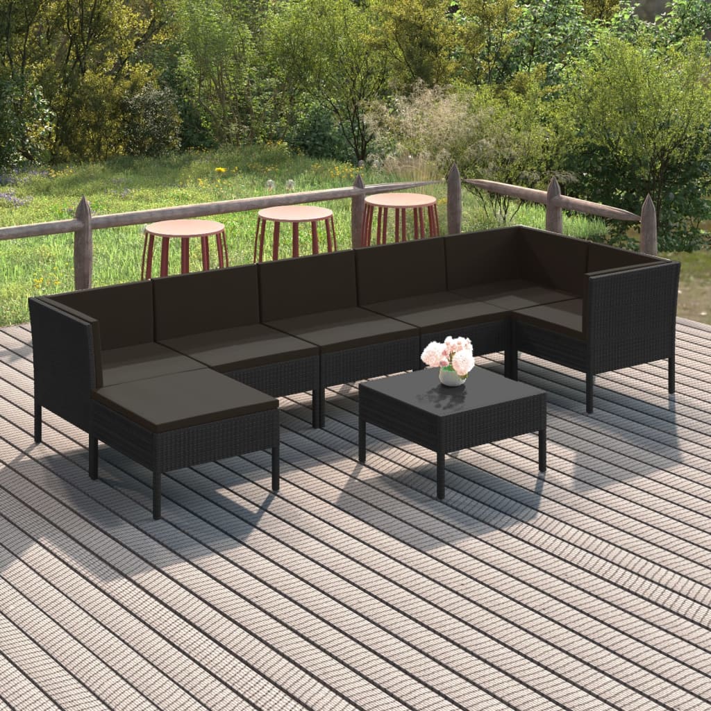 Vetonek Set de muebles de jardín 8 pzas y cojines ratán sintético negro