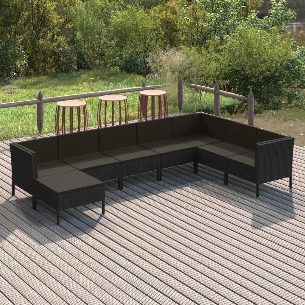 Vetonek Set de muebles de jardín 8 pzas y cojines ratán sintético negro