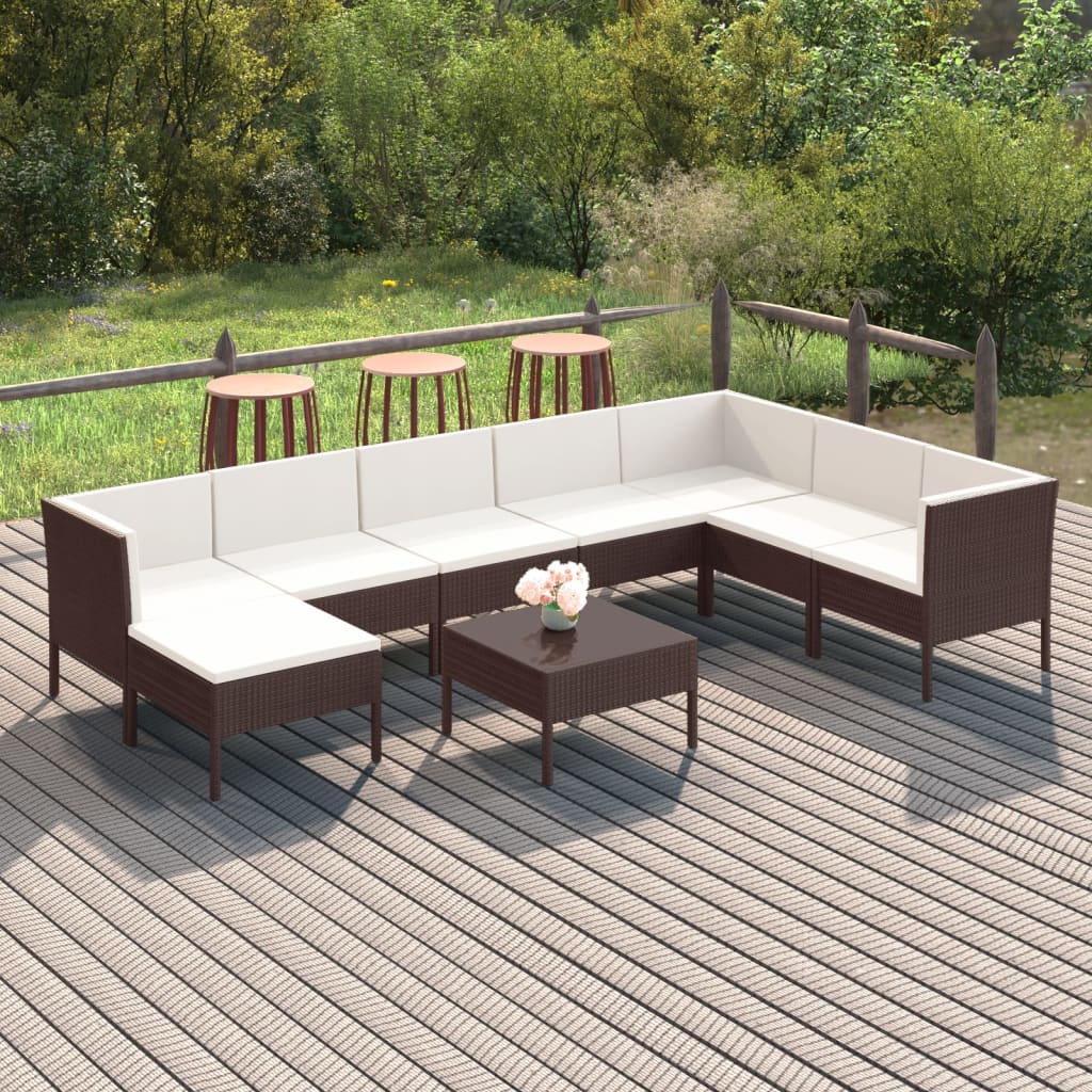 Vetonek Set muebles de jardín 9 pzas y cojines ratán sintético marrón