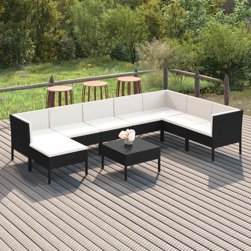 Vetonek Set muebles de jardín 9 pzas y cojines ratán sintético negro