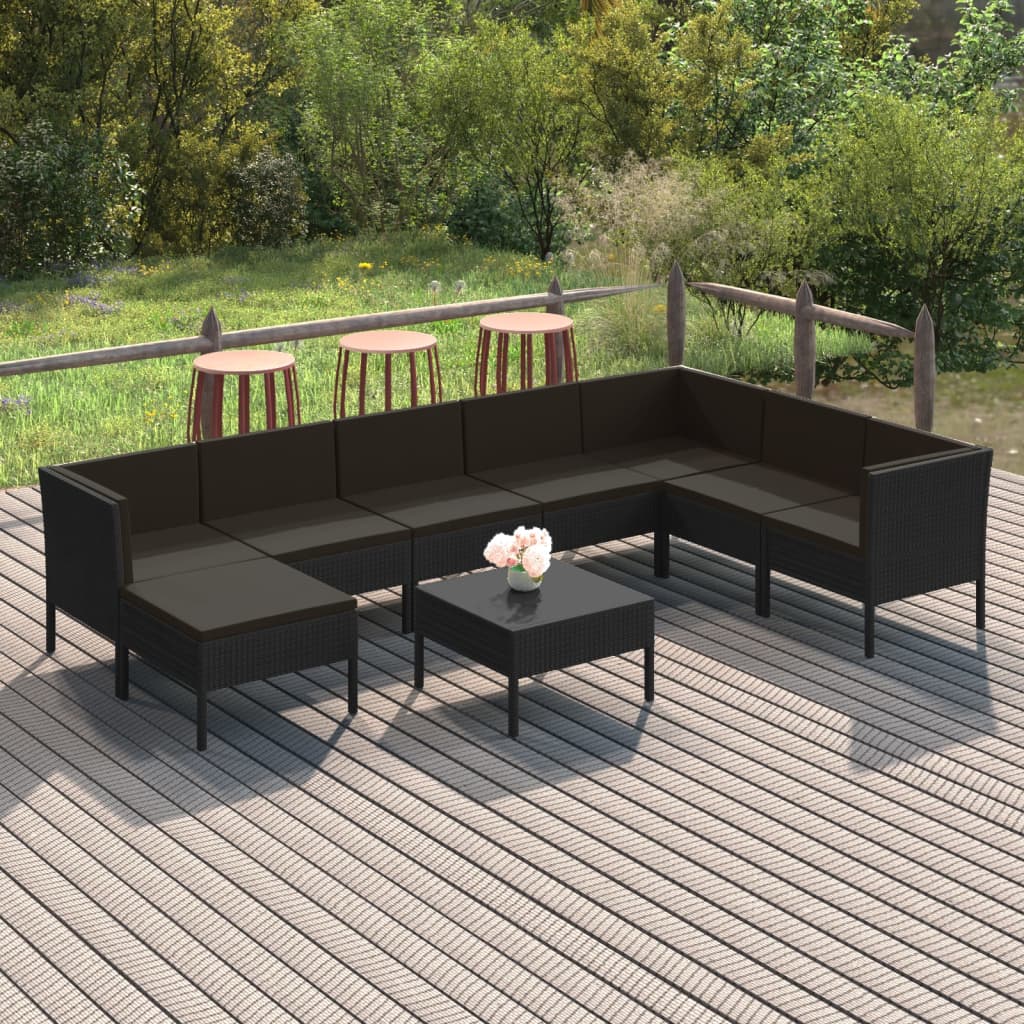 Vetonek Set muebles de jardín 9 pzas y cojines ratán sintético negro