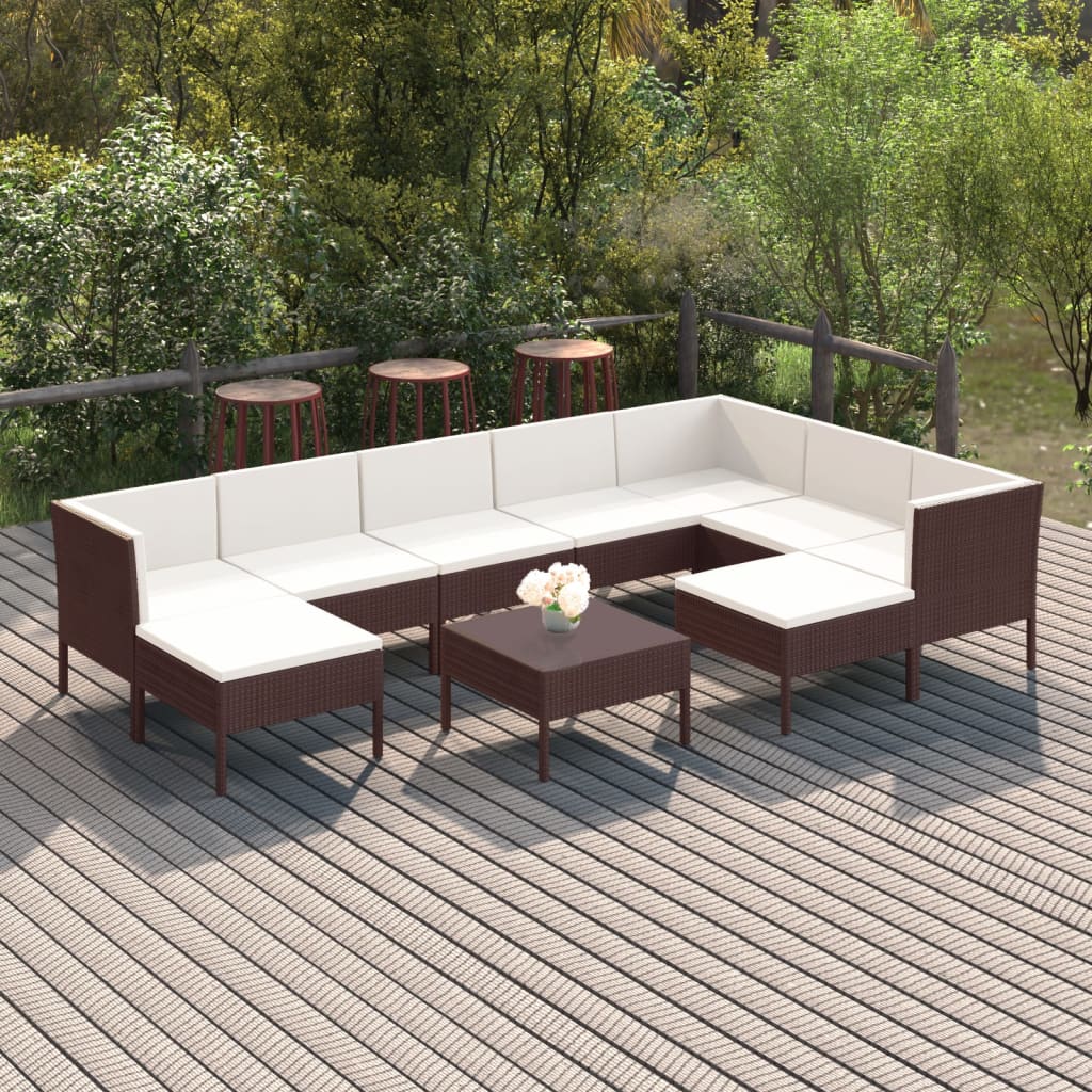 Vetonek Set muebles de jardín 10 pzas y cojines ratán sintético marrón