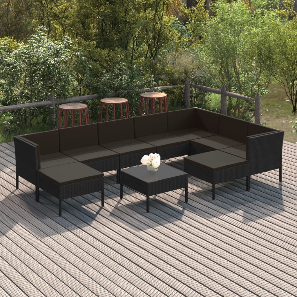 Vetonek Set de muebles de jardín 10 pzas cojines ratán sintético negro