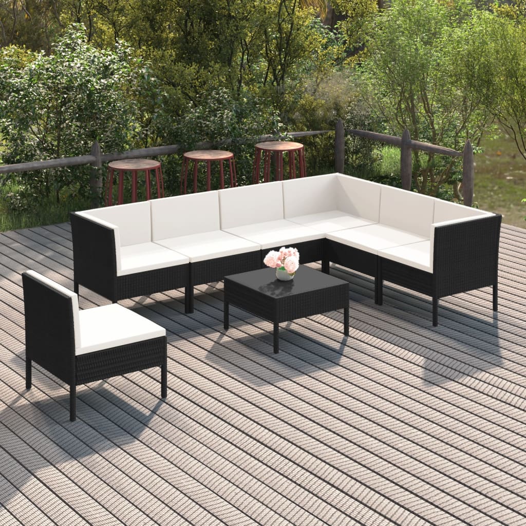 Vetonek Set de muebles de jardín 8 pzas y cojines ratán sintético negro