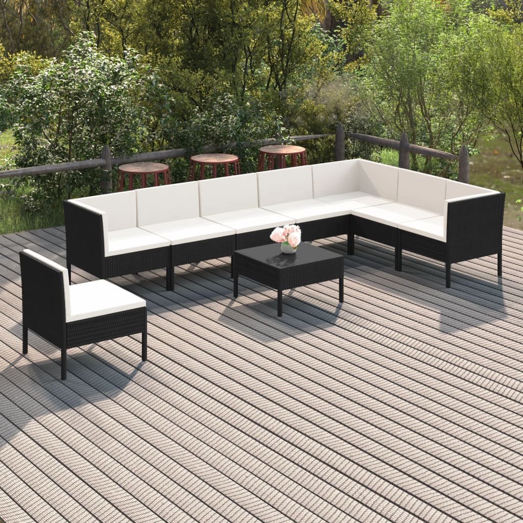 Vetonek Set de muebles de jardín 9 pzas y cojines ratán sintético negro