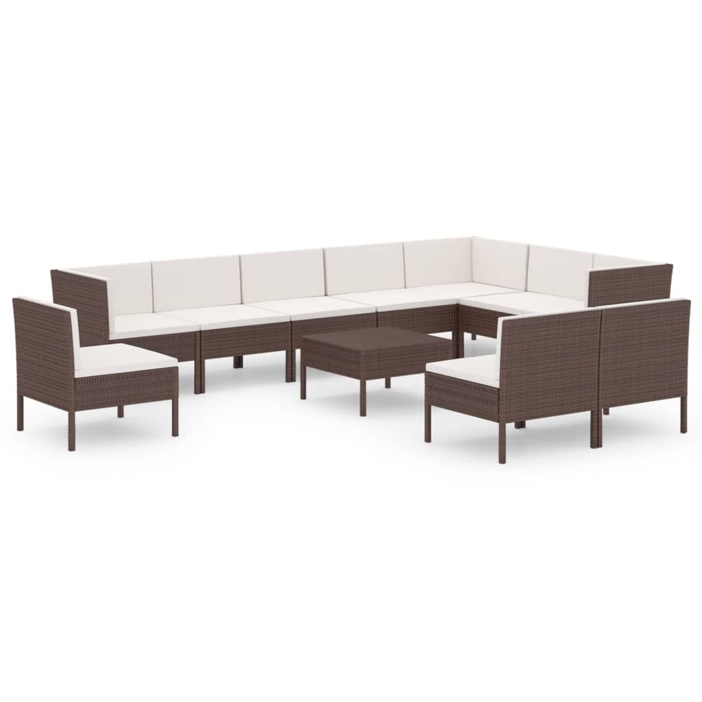 Set muebles de jardín 11 pzas y cojines ratán sintético marrón