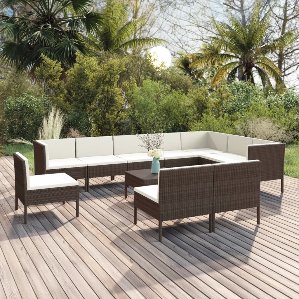 Vetonek Set muebles de jardín 11 pzas y cojines ratán sintético marrón