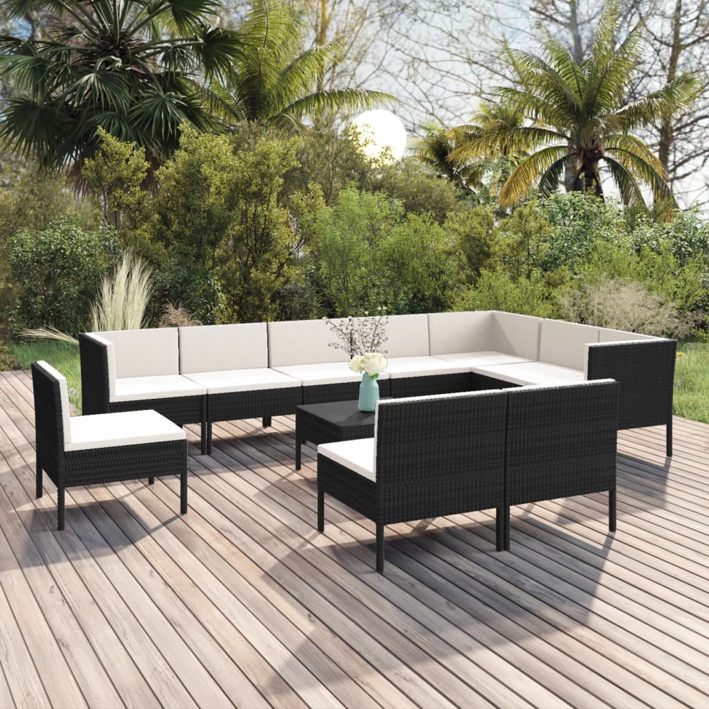 Vetonek Set de muebles de jardín 11 pzas cojines ratán sintético negro