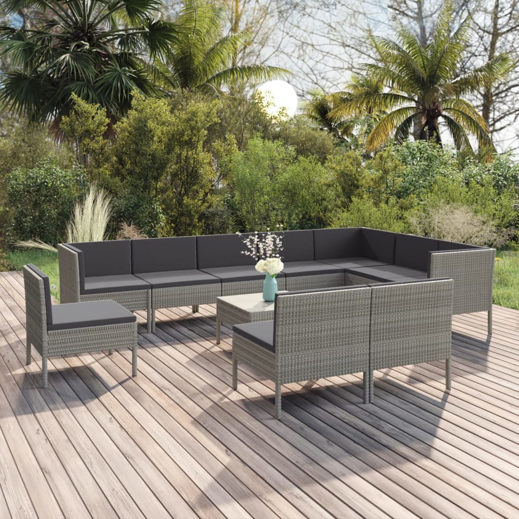 Vetonek Set de muebles de jardín 11 pzas y cojines ratán sintético gris