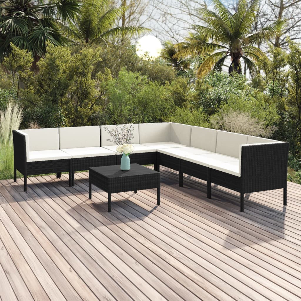 Vetonek Set de muebles de jardín 8 pzas y cojines ratán sintético negro