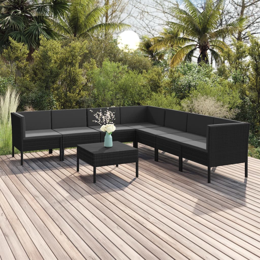 Vetonek Set de muebles de jardín 8 pzas y cojines ratán sintético negro