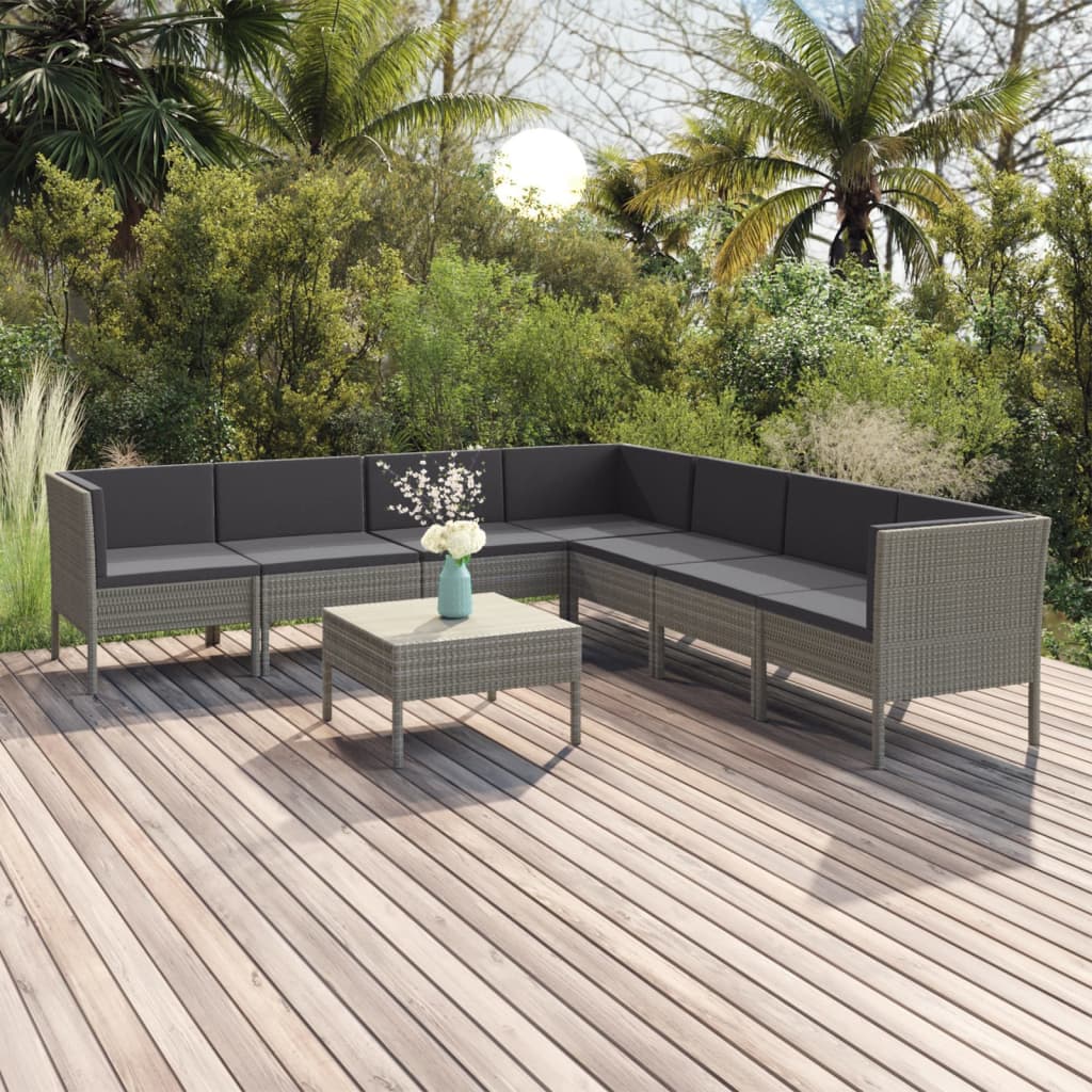 Vetonek Set de muebles de jardín 8 pzas y cojines ratán sintético gris