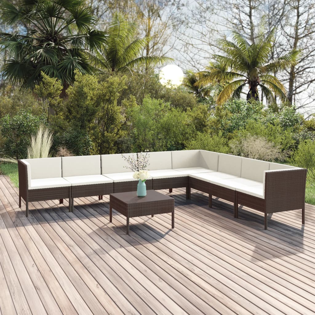 Vetonek Set muebles de jardín 9 pzas y cojines ratán sintético marrón