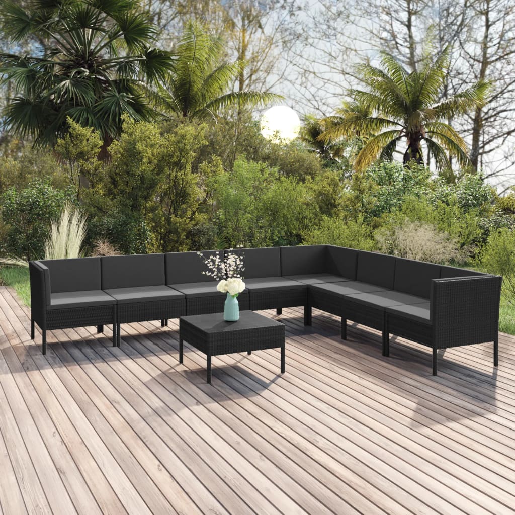 Vetonek Set de muebles de jardín 9 pzas y cojines ratán sintético negro