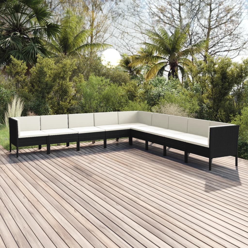 Vetonek Set de muebles de jardín 9 pzas cojines ratán sintético negro