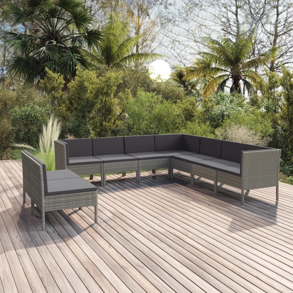 Vetonek Set de muebles de jardín 9 pzas y cojines ratán sintético gris