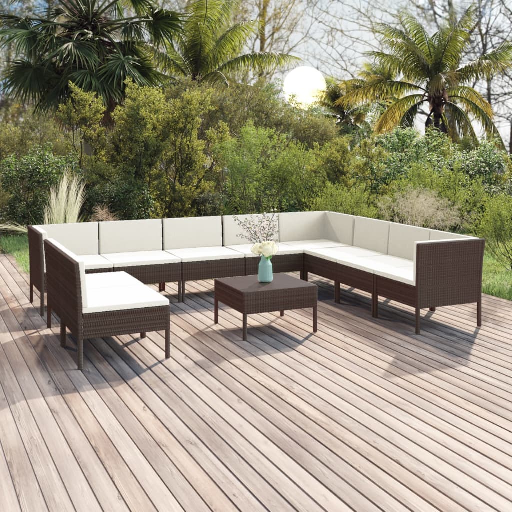 Vetonek Set muebles de jardín 11 pzas y cojines ratán sintético marrón