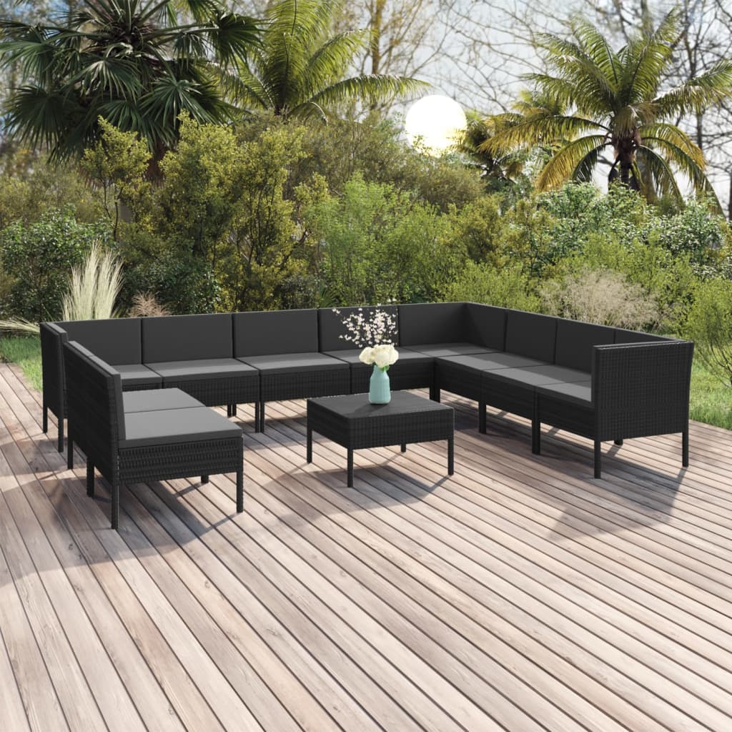 Vetonek Set de muebles de jardín 11 pzas cojines ratán sintético negro