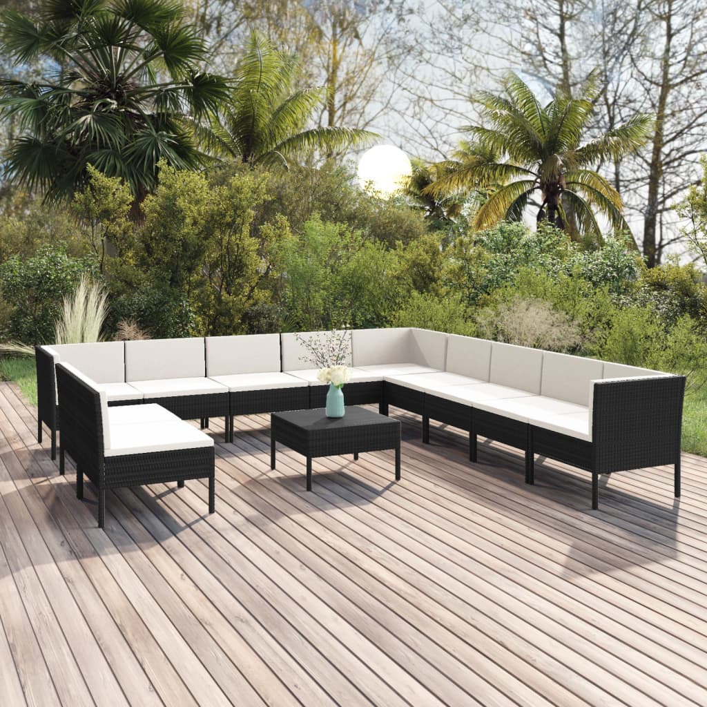 Vetonek Set muebles de jardín 12 pzas y cojines ratán sintético negro