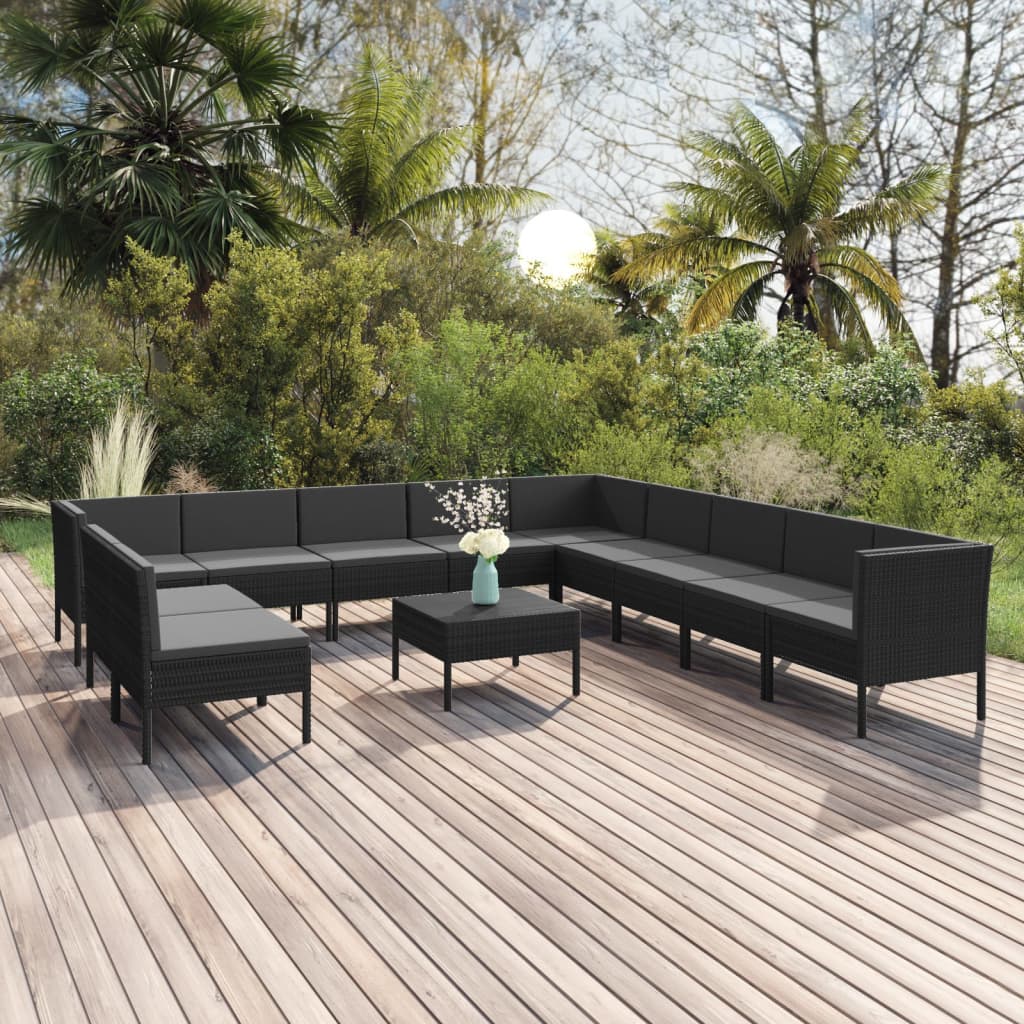 Vetonek Set muebles de jardín 12 pzas y cojines ratán sintético negro