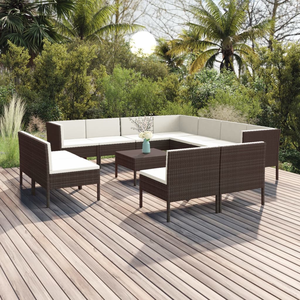 Vetonek Set muebles de jardín 12 pzas y cojines ratán sintético marrón