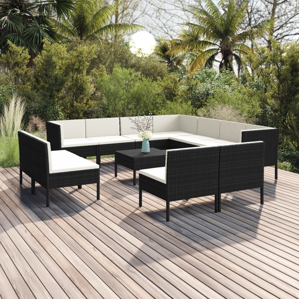 Vetonek Set muebles de jardín 12 pzas y cojines ratán sintético negro