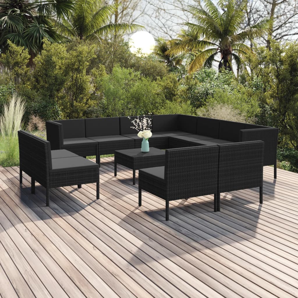 Vetonek Set muebles de jardín 12 pzas y cojines ratán sintético negro