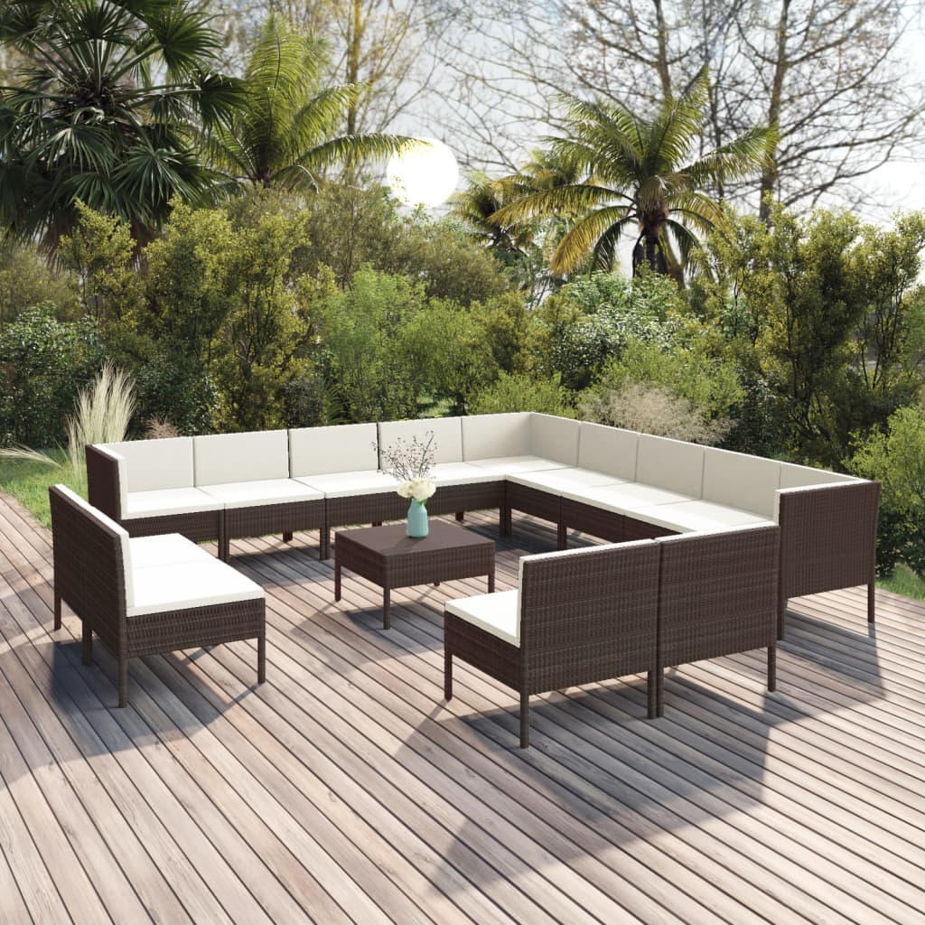 Vetonek Set muebles de jardín 14 pzas y cojines ratán sintético marrón