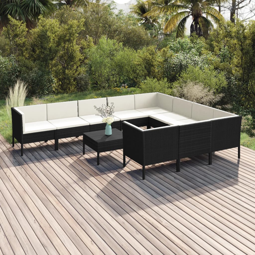 Vetonek Set de muebles de jardín 11 pzas cojines ratán sintético negro