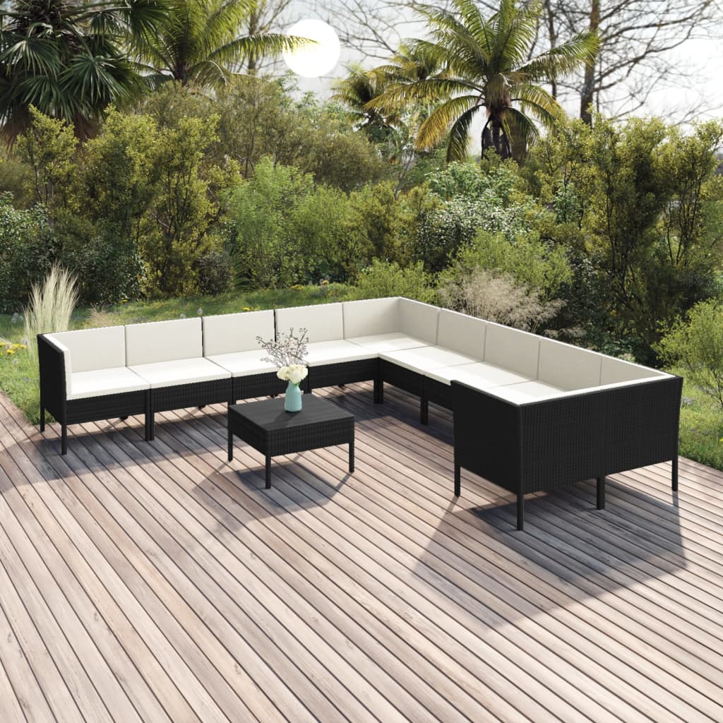 Vetonek Set de muebles de jardín 11 pzas cojines ratán sintético negro