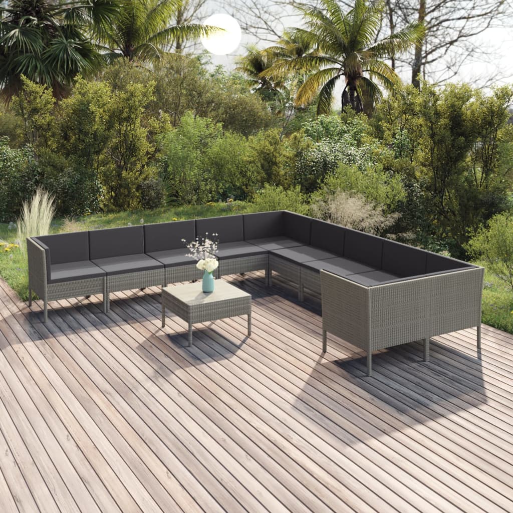 Vetonek Set de muebles de jardín 11 pzas y cojines ratán sintético gris