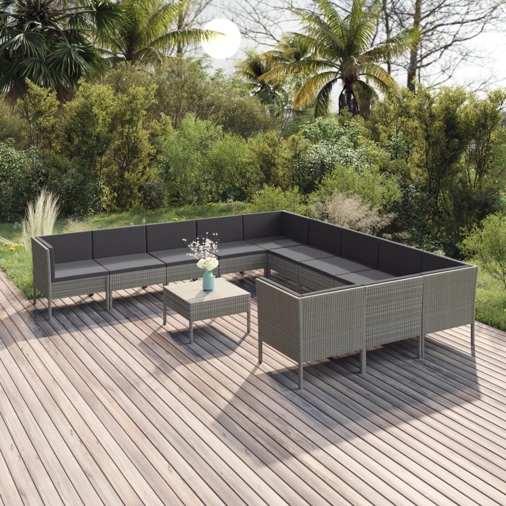 Vetonek Set de muebles de jardín 12 pzas y cojines ratán sintético gris